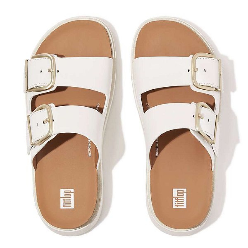 White Women's FitFlop Gen-Ff Buckle Two Bar Leather Slides | 354JCLROE