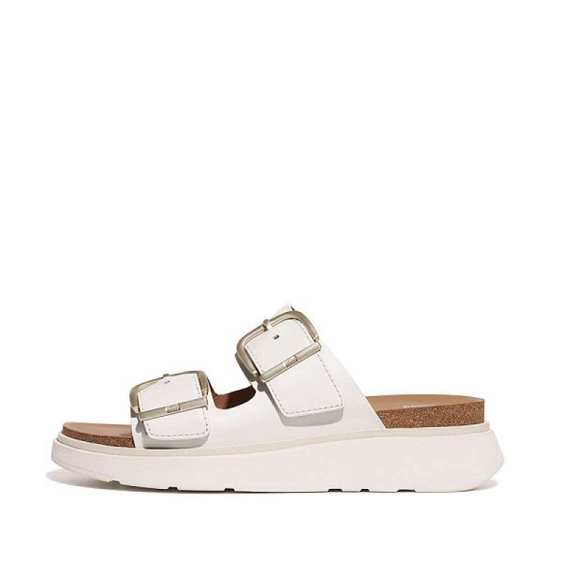 White Women\'s FitFlop Gen-Ff Buckle Two Bar Leather Slides | 354JCLROE