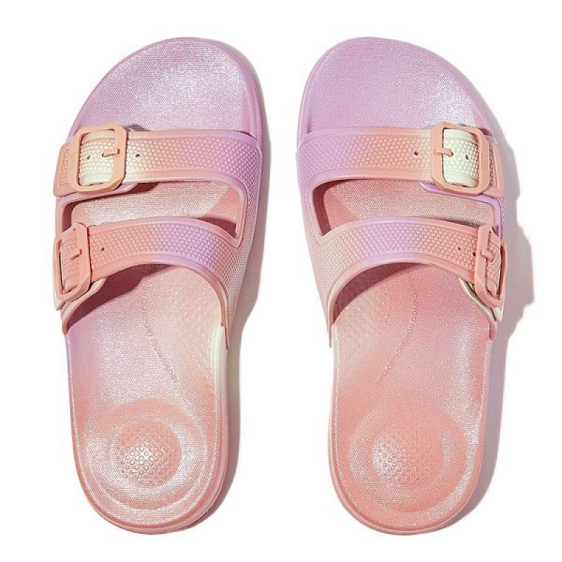 White Women's FitFlop Iqushion Iridescent Two Bar Buckle Sliders Slides | 549YSUTCG