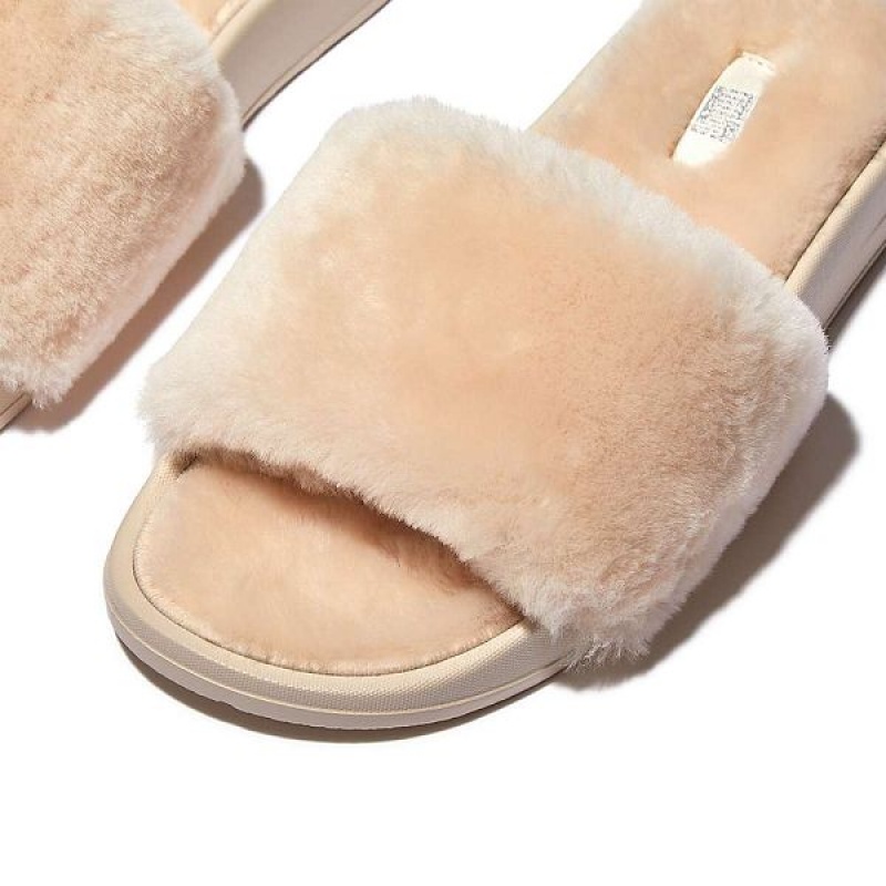 White Women's FitFlop Iqushion Shearling Slides | 054INWHZC