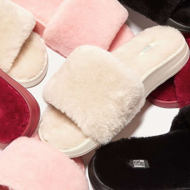 White Women's FitFlop Iqushion Shearling Slides | 054INWHZC