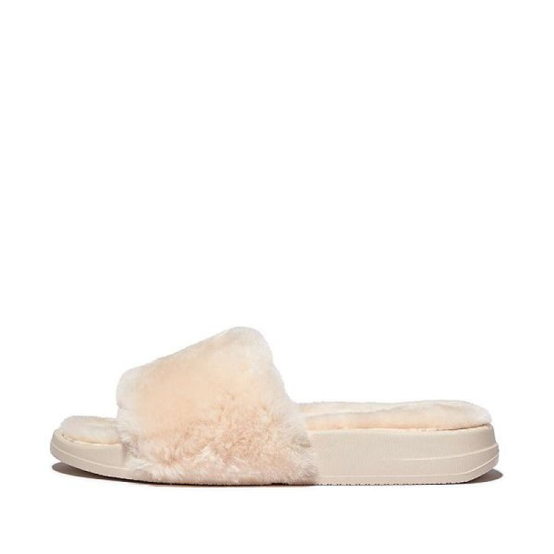 White Women\'s FitFlop Iqushion Shearling Slides | 054INWHZC