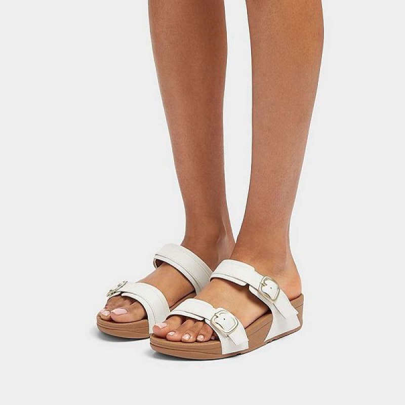 White Women's FitFlop Lulu Adjustable Buckle Leather Slides | 029QZCEWS