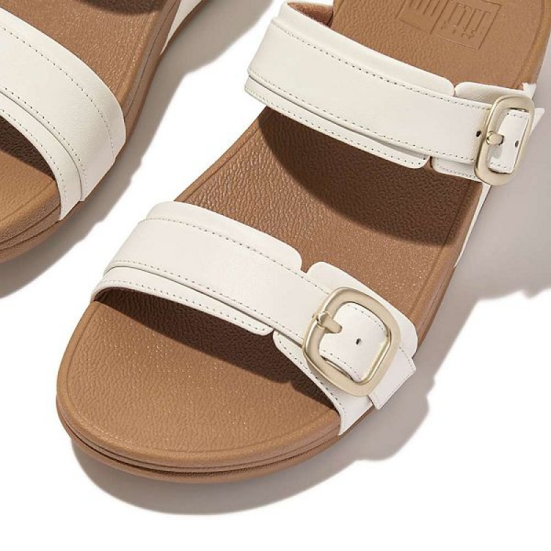 White Women's FitFlop Lulu Adjustable Buckle Leather Slides | 029QZCEWS