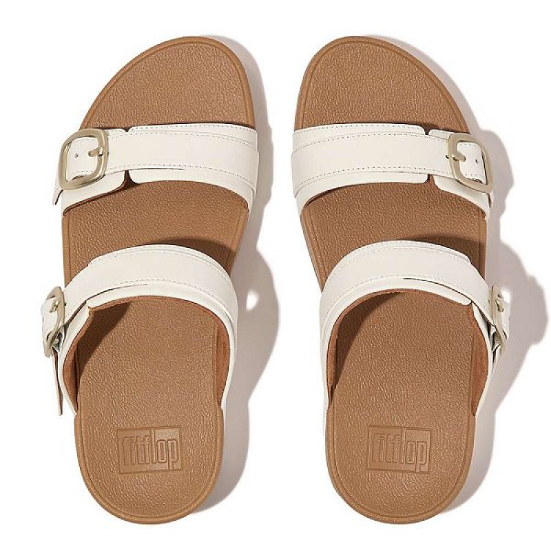 White Women's FitFlop Lulu Adjustable Buckle Leather Slides | 029QZCEWS