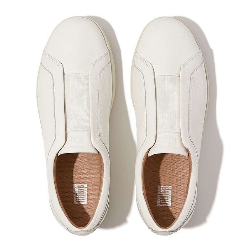 White Women's FitFlop Rally Elastic Tumbled Leather Slip On Sneakers | 205GURBSY