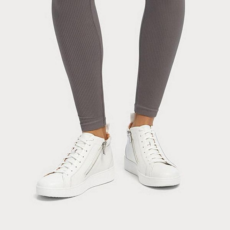 White Women's FitFlop Rally Leather High Top Sneakers | 745VMBHEY