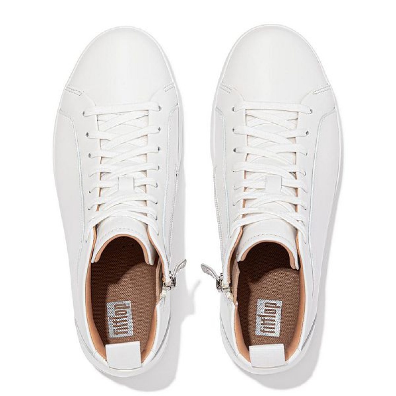 White Women's FitFlop Rally Leather High Top Sneakers | 745VMBHEY