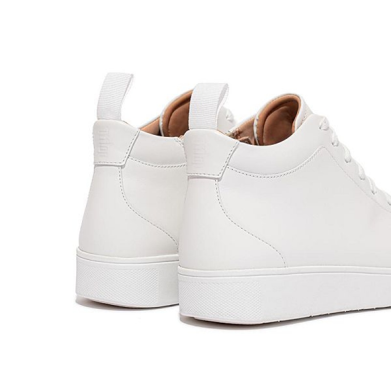 White Women's FitFlop Rally Leather High Top Sneakers | 745VMBHEY