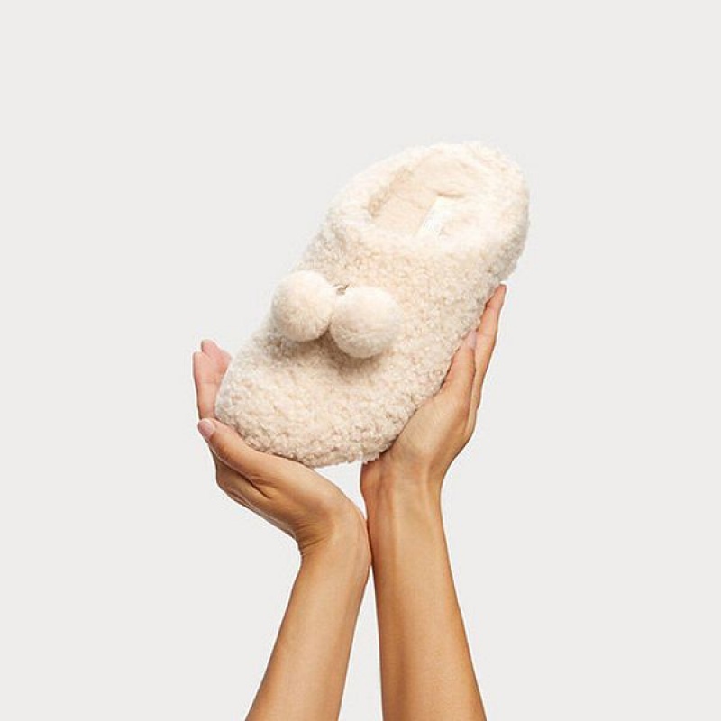 White Women's FitFlop Shuv Pom Pom Shearling Clog Slippers | 106JVMIEC