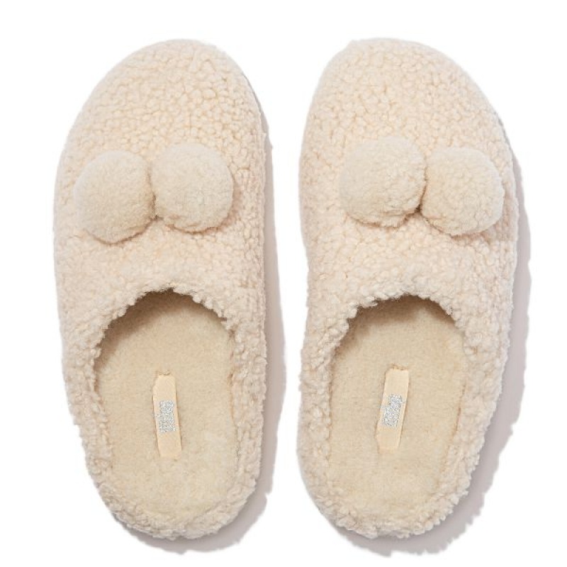 White Women's FitFlop Shuv Pom Pom Shearling Clog Slippers | 106JVMIEC