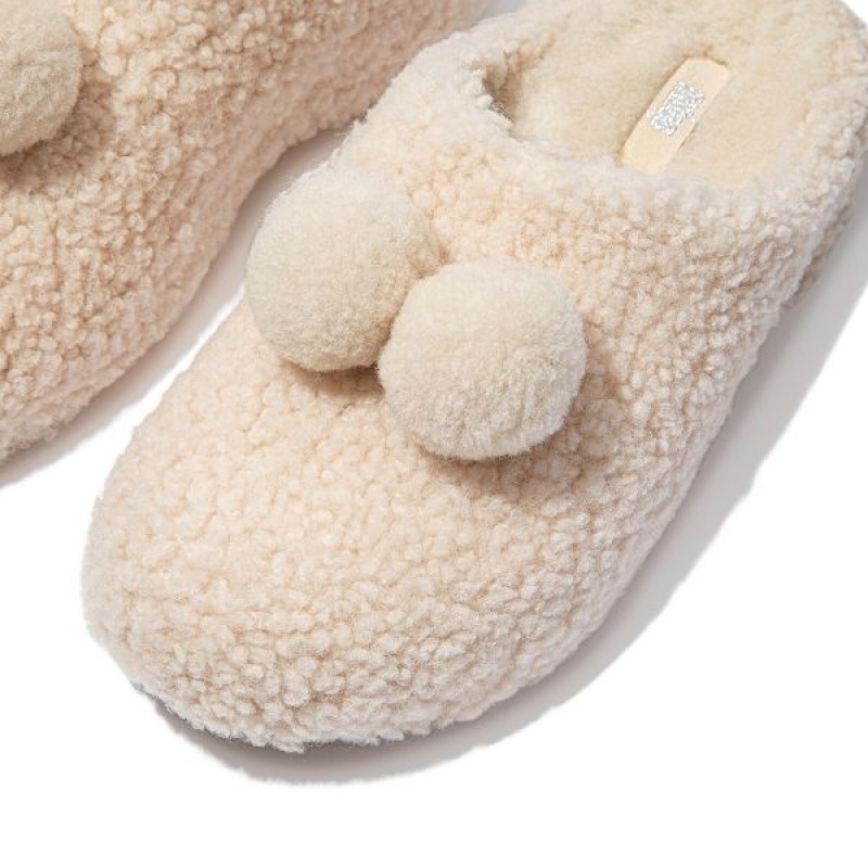 White Women's FitFlop Shuv Pom Pom Shearling Clog Slippers | 106JVMIEC