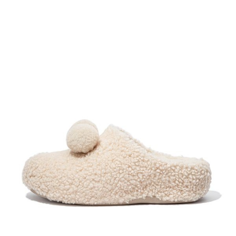 White Women\'s FitFlop Shuv Pom Pom Shearling Clog Slippers | 106JVMIEC