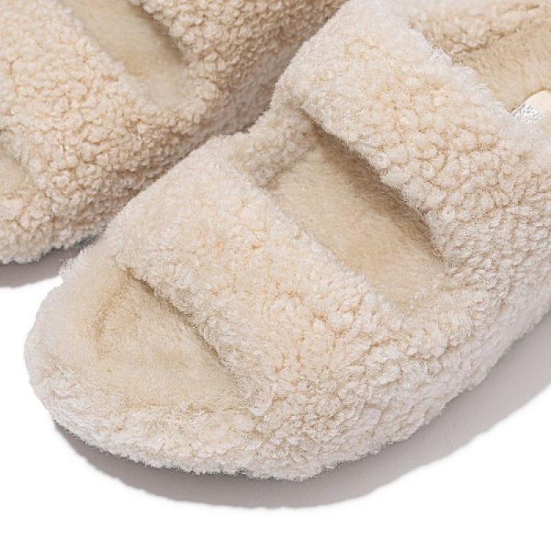 White Women's FitFlop Shuv Two Bar Shearling Slides | 253LGVBPA