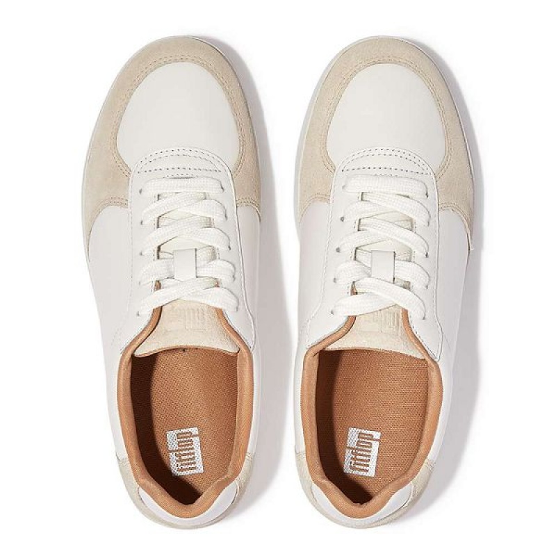 White / Beige Women's FitFlop Rally Leather Suede Panel Sneakers | 135SVHNFB