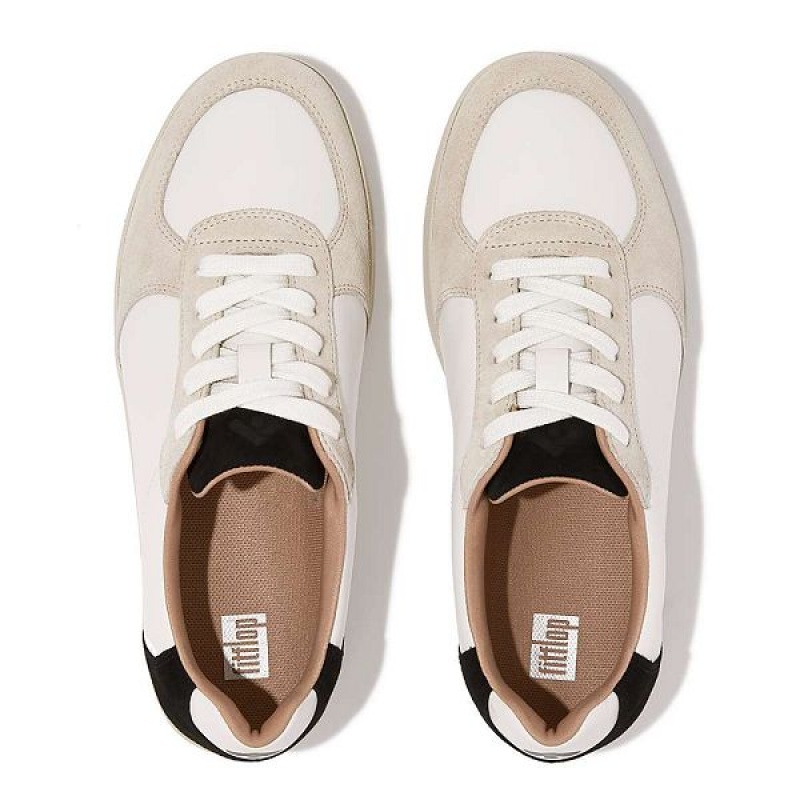 White / Black Women's FitFlop Rally Leather Suede Panel Sneakers | 527QEXKZY