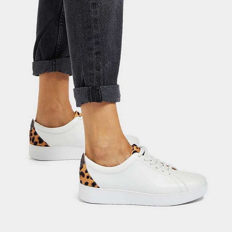 White / Leopard Women's FitFlop Rally Leopard Back Leather Sneakers | 759FDUQYB