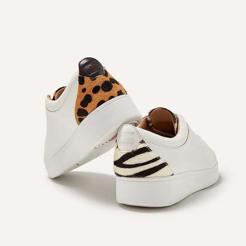 White / Leopard Women's FitFlop Rally Leopard Back Leather Sneakers | 759FDUQYB